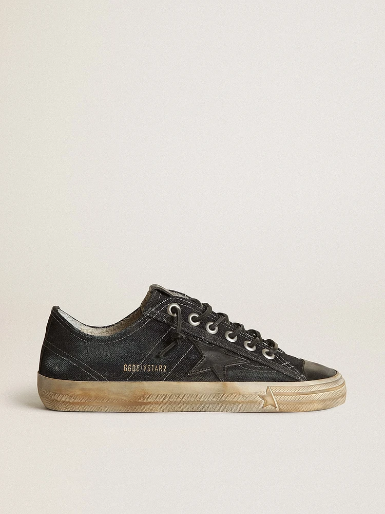V-Star midnight-blue denim with black leather star and toe
