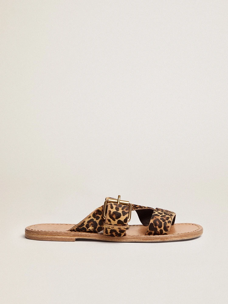 Women's Margaret flat sandals leopard-print pony skin