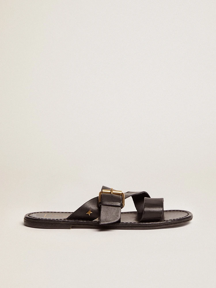 Women's Margaret flat sandals black resin-coated leather