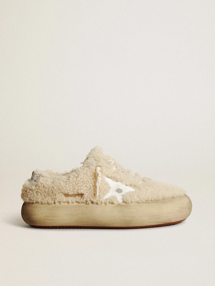 Women’s Space-Star shoes beige shearling with white leather star and metallic heel tab