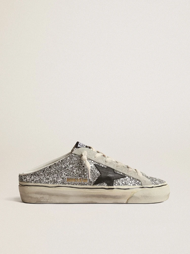 Women's Super-Star Sabot silver glitter with black leather star