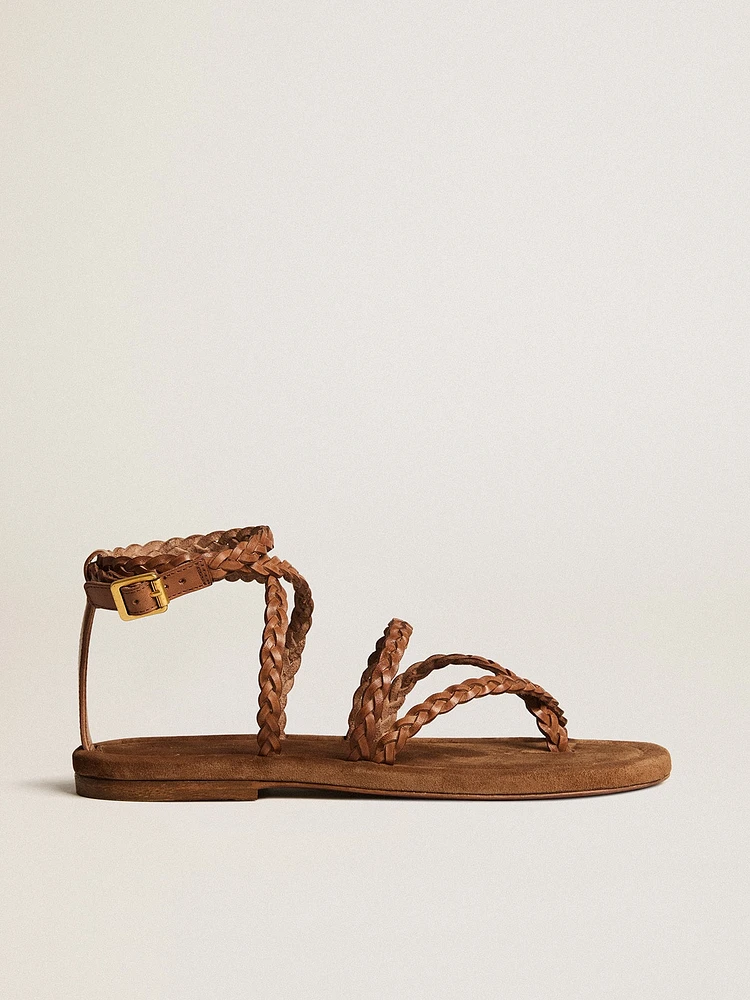 Women's Penelope flat sandals tobacco leather with suede sole