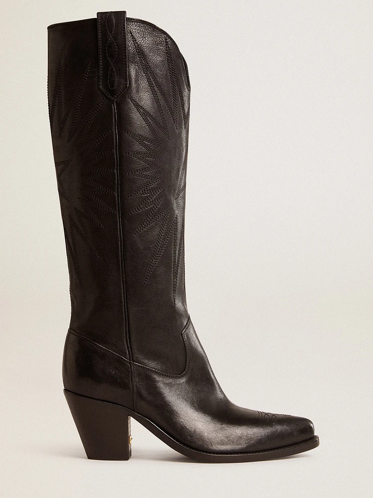 Women's Wish star boots black leather with tone-on-tone embroidered