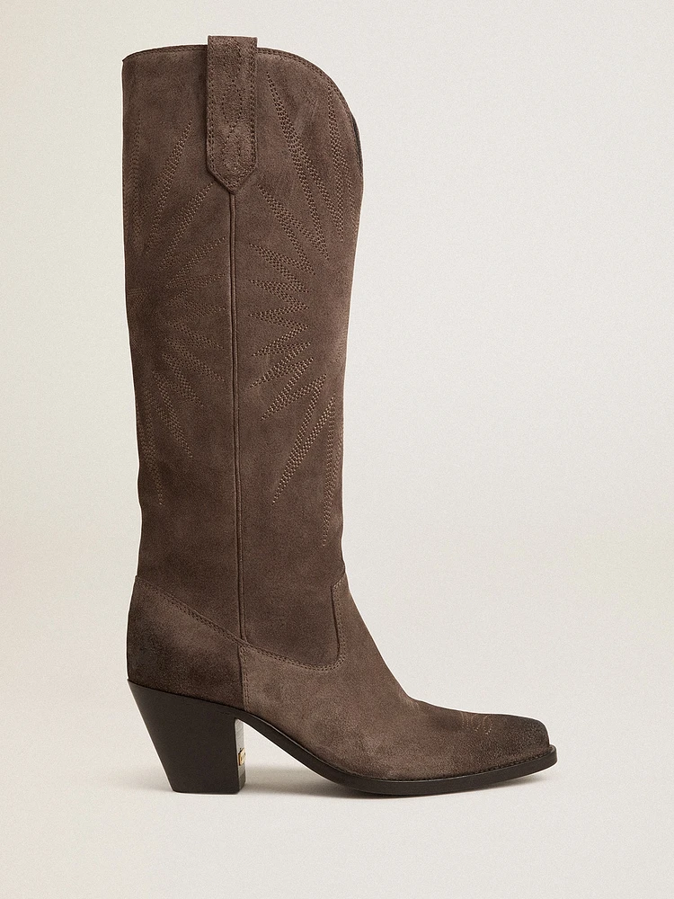 Wish star boots dark brown suede with tone-on-tone inlay