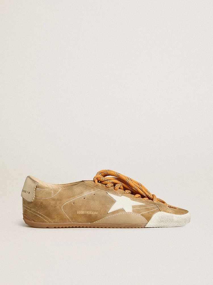 Women's True-Star tobacco-colored suede with white star and platinum heel tab