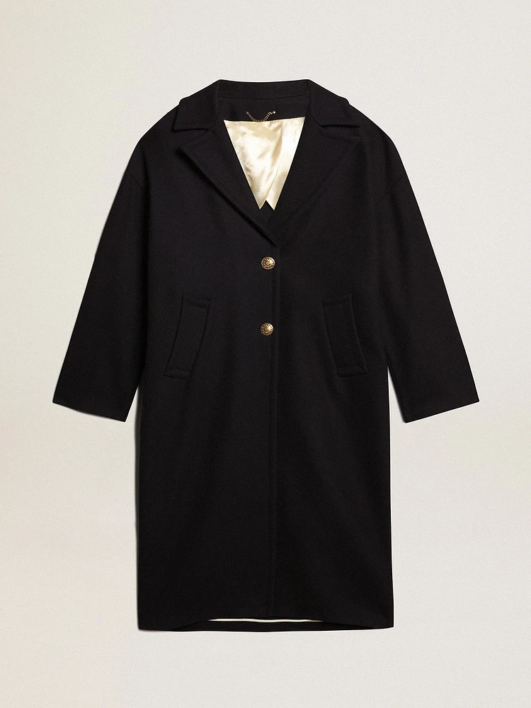 Women's single-breasted cocoon coat dark blue wool with gold button