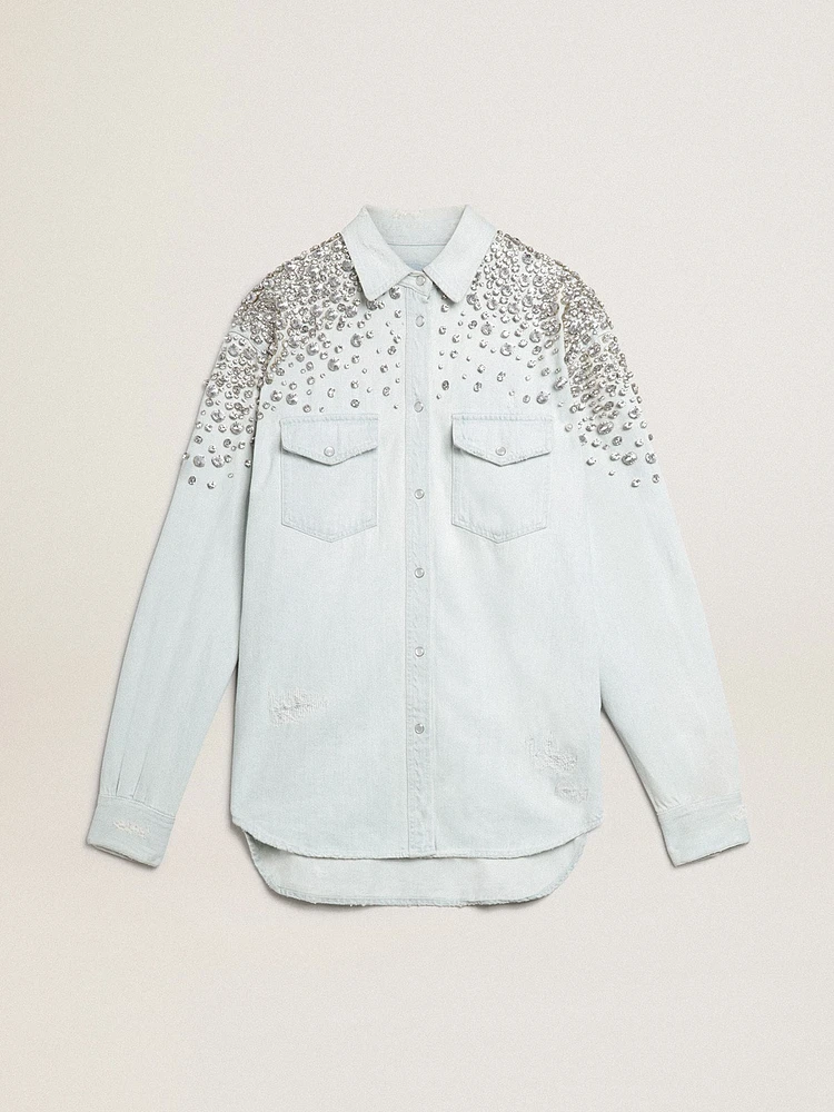 Women's bleached boyfriend shirt with cabochon crystals