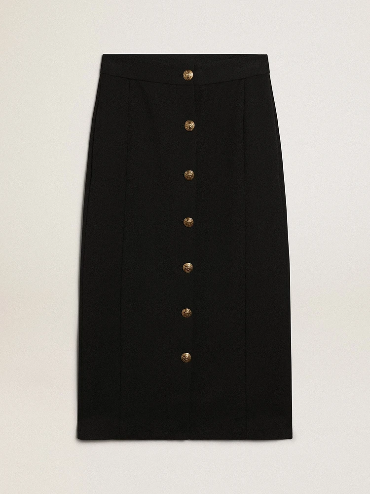 Women's pencil skirt dark blue wool with gold heraldic buttons