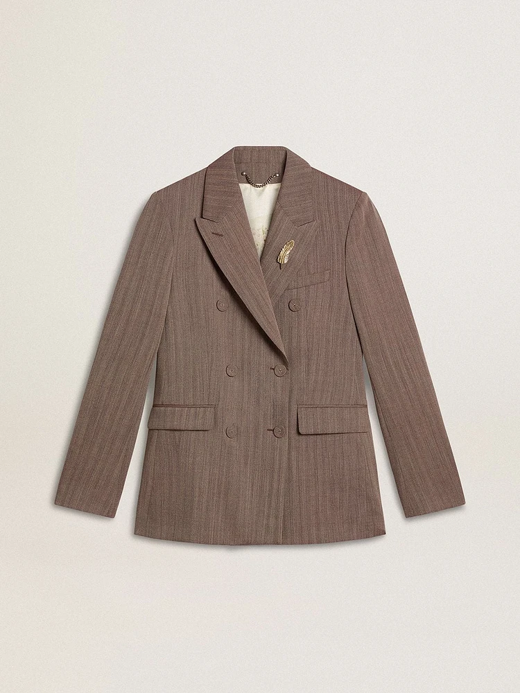 Women's double-breasted blazer beige chevron wool blend
