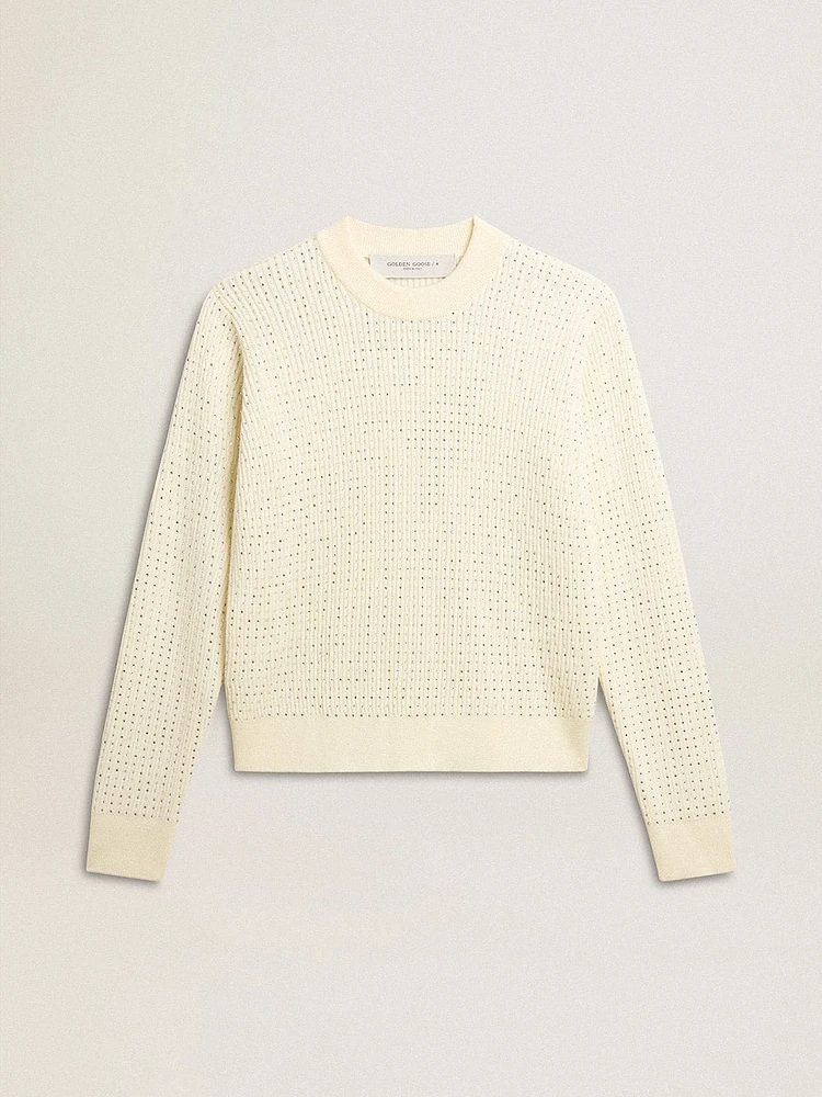 Women's crew-neck sweater white merino wool with all-over crystals
