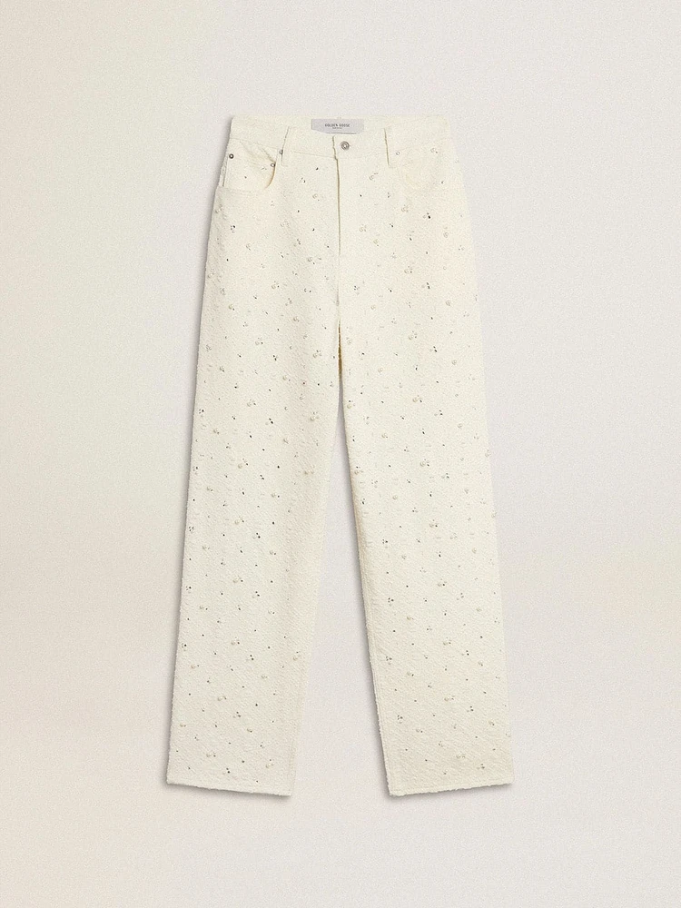 Women's white denim pants with beading and crystals