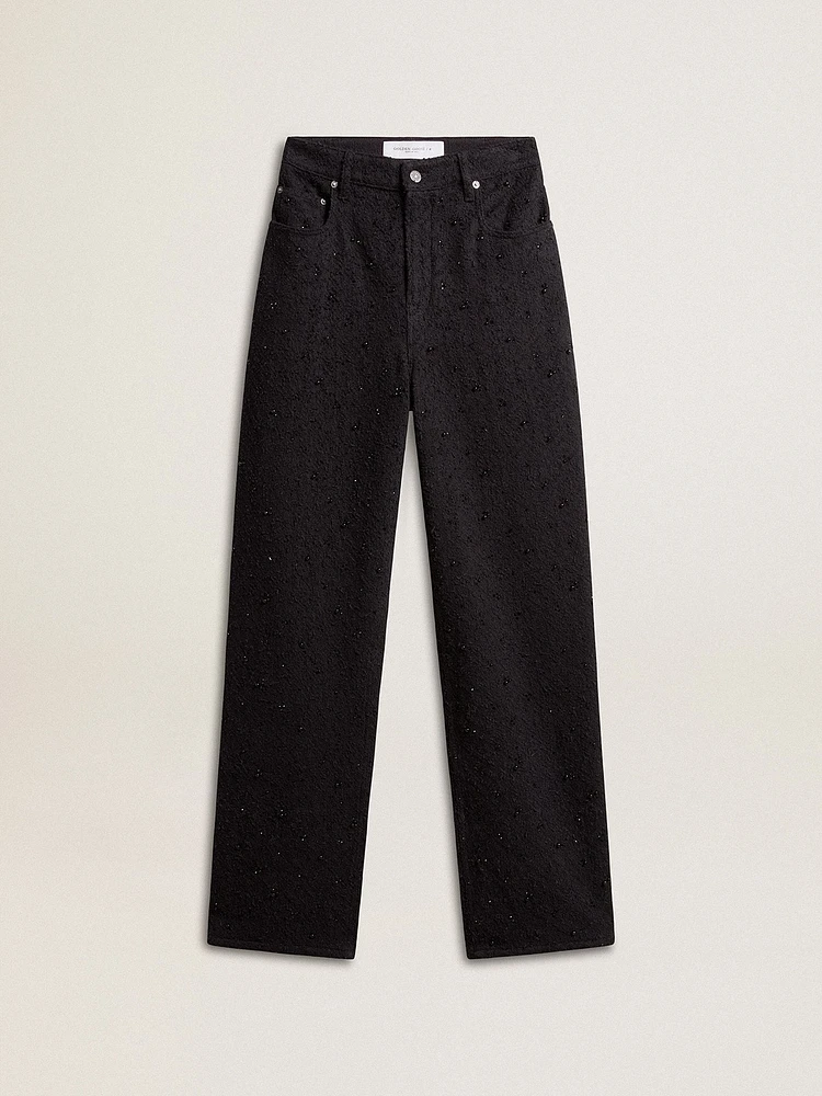 Women’s cotton denim pants with crystal and stone decoration