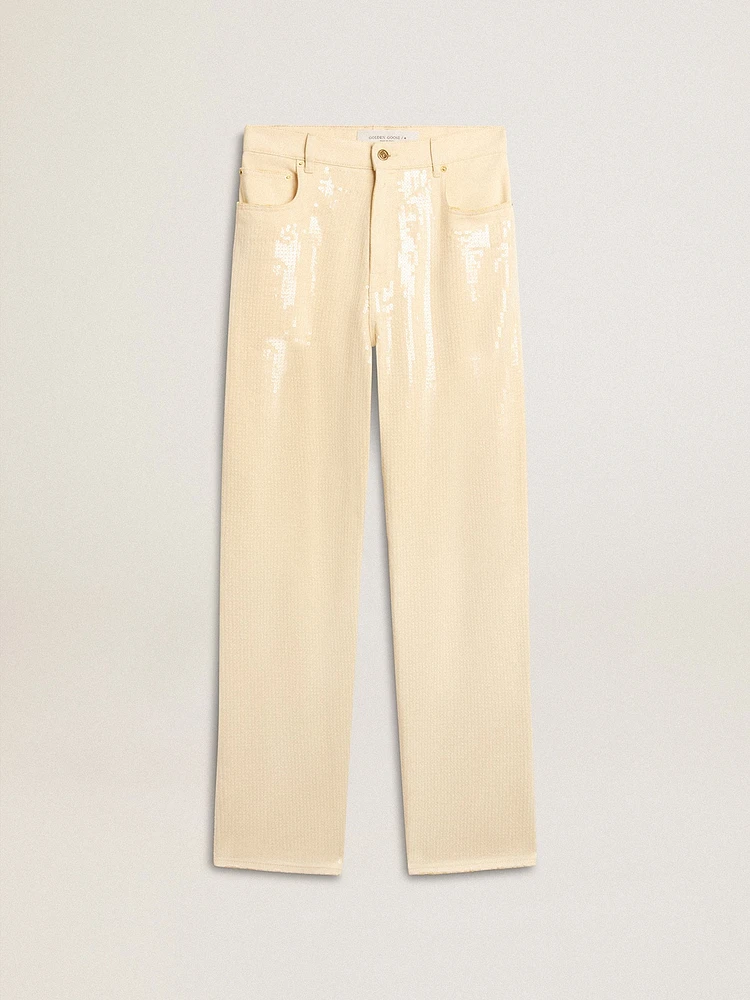 Ecru pants with transparent all-over sequins