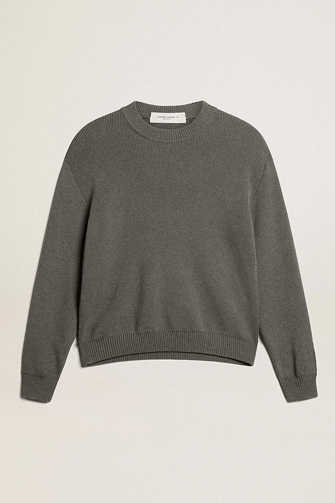 Women's round-neck sweater dark gray cotton with logo on the back