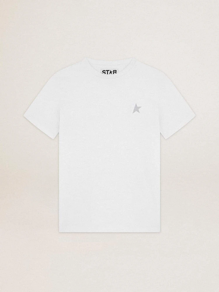 Women's white T-shirt with silver glitter star on the front