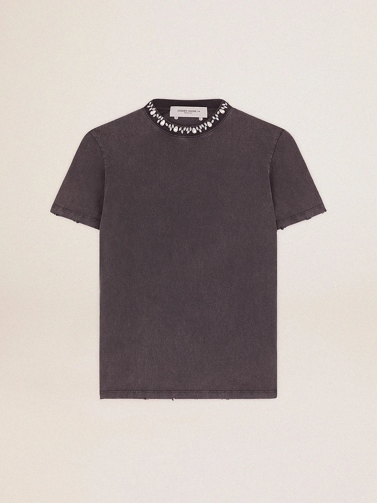 Women's anthracite gray T-shirt with crystals