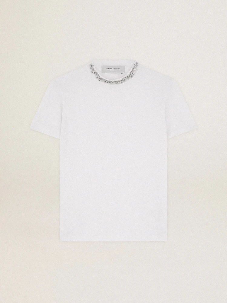 Women's white T-shirt with cabochon crystals