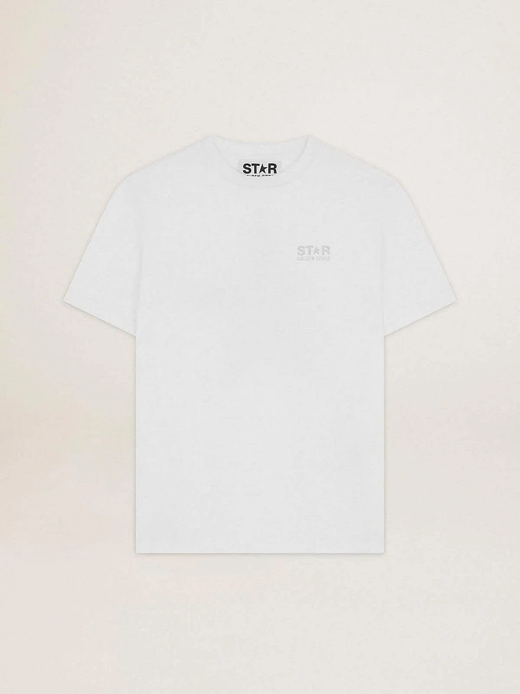 Women's white T-shirt with silver glitter logo and star