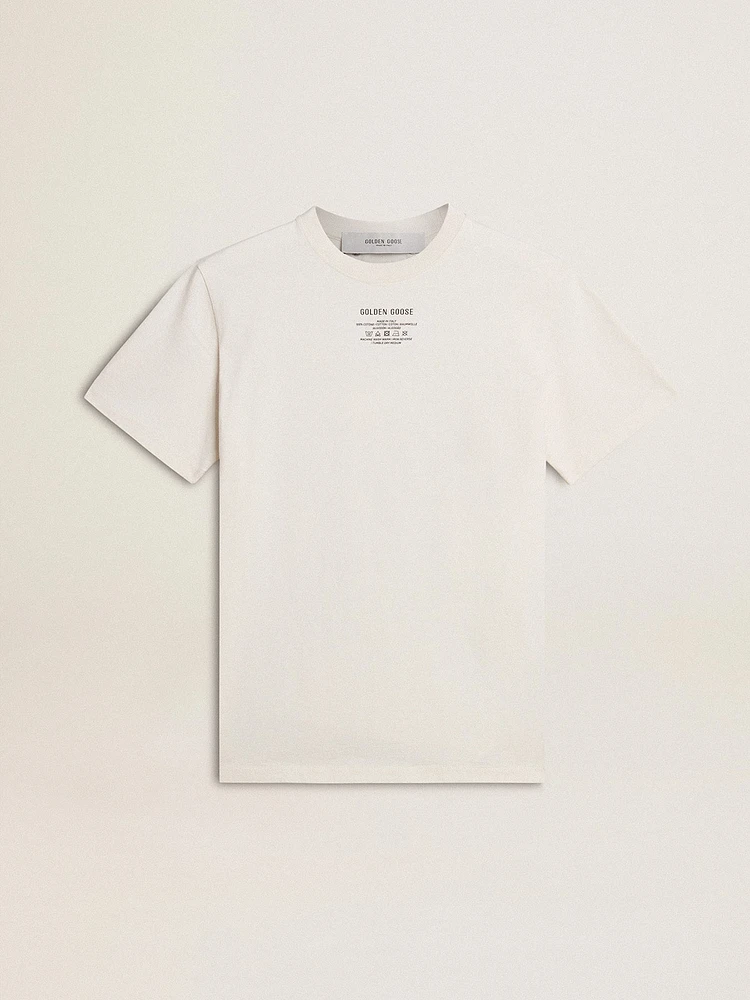 Women's worn-white cotton T-shirt with black lettering