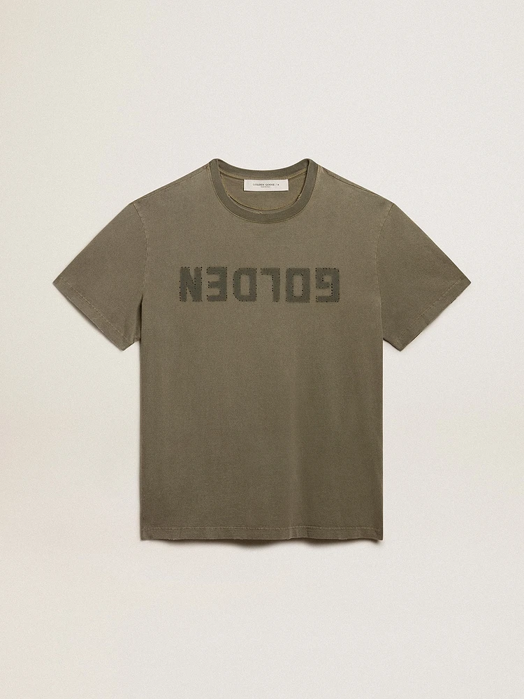 Women's olive green T-shirt with Golden lettering