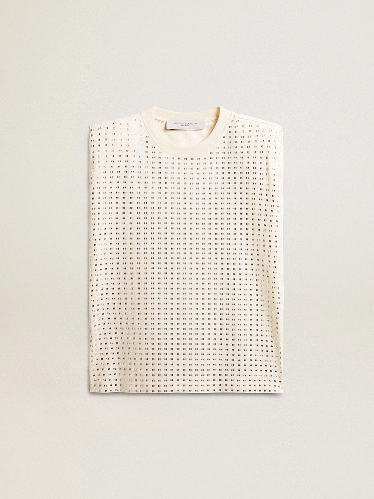 Aged white sleeveless T-shirt embellished with crystals