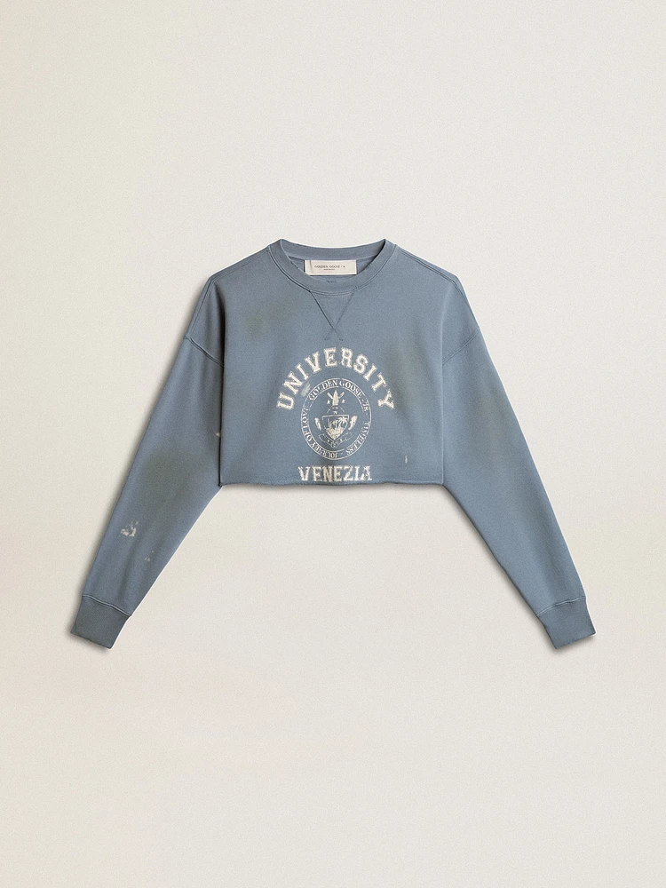 Cropped sweatshirt baby blue with distressed finish