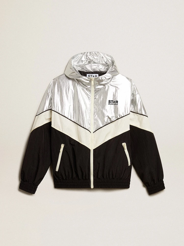 Women's windcheater silver and black technical fabric