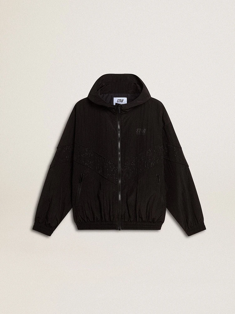 Women's windcheater black nylon with tone-on-tone crystals