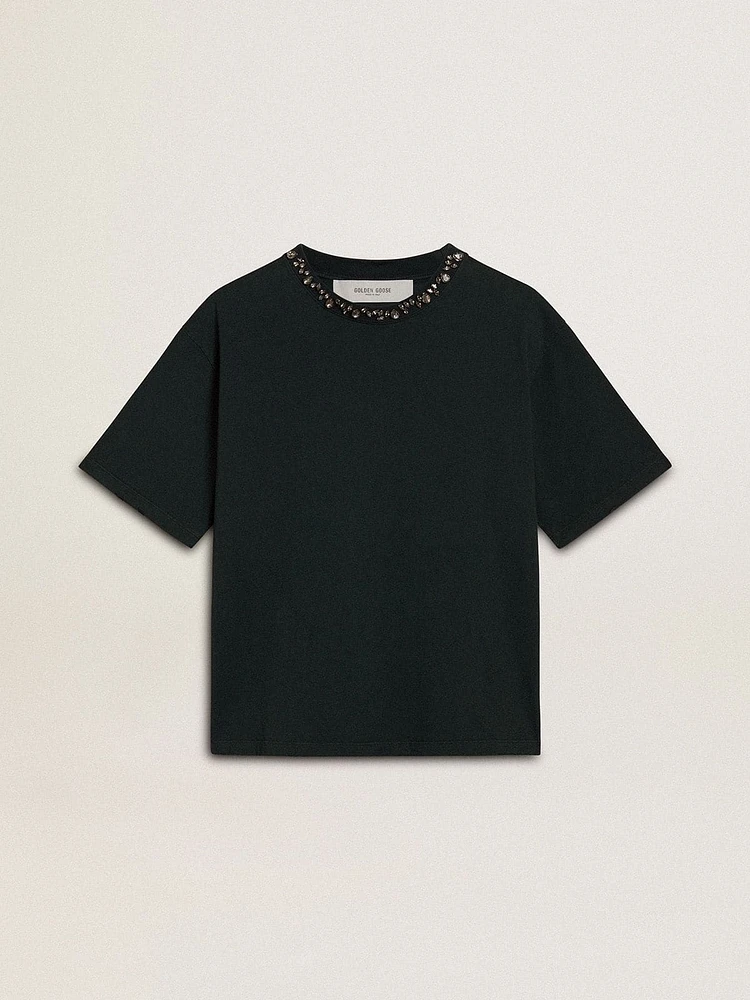 Women's black T-shirt with crystals