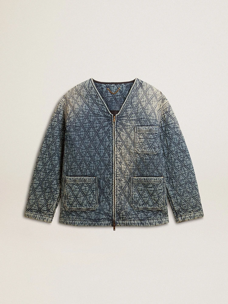 Women's blue quilted jacket cotton denim with distressed finish