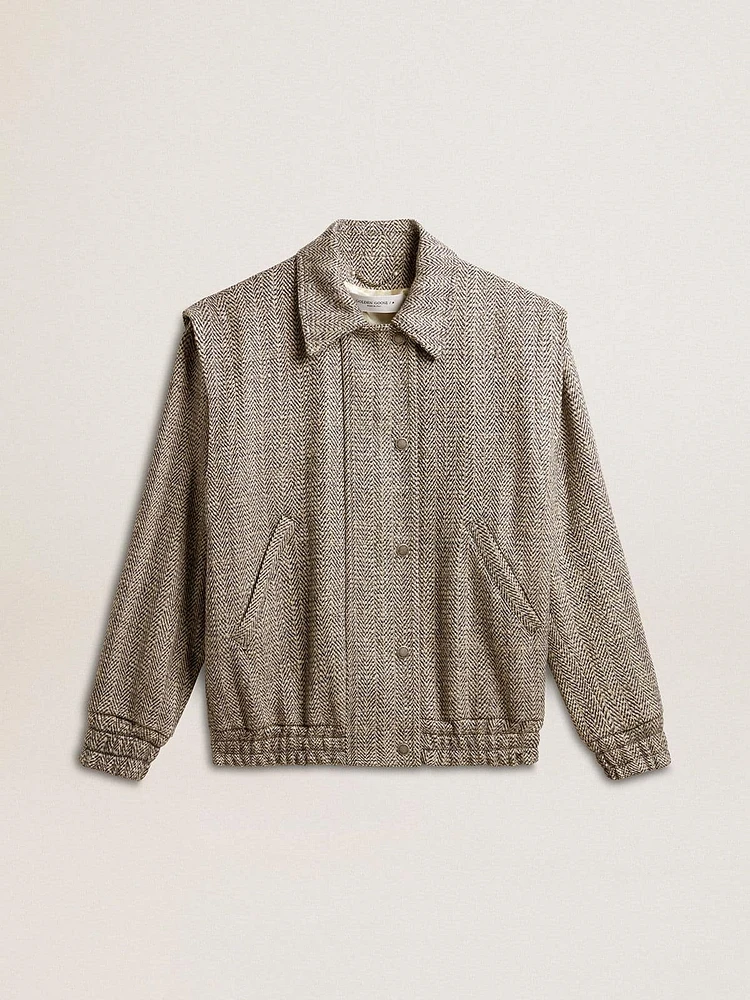 Women's bomber jacket ecru brown herringbone wool