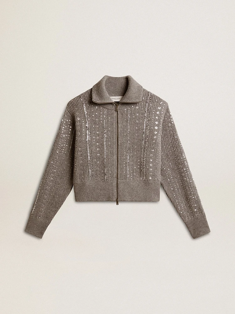 Women's cropped sweater gray melange wool with sequins