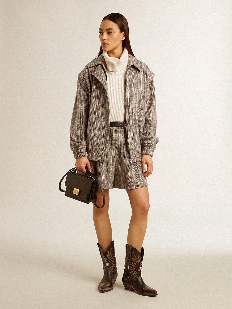 Women’s ecru brown shorts herringbone wool