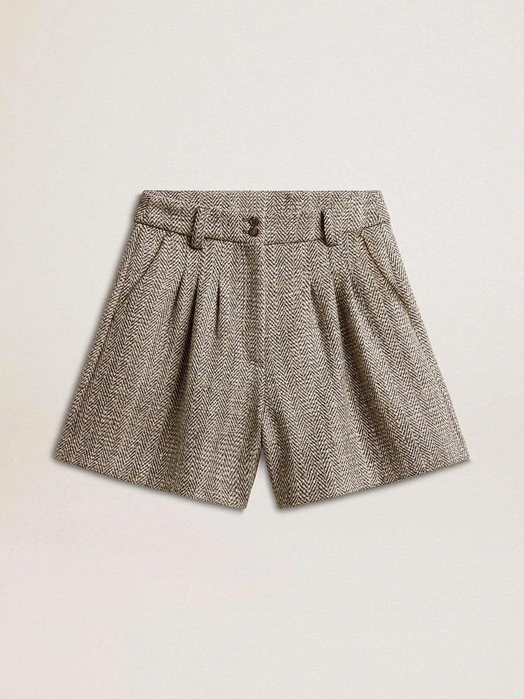 Women’s ecru brown shorts herringbone wool