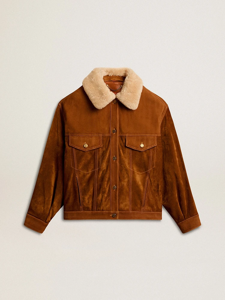 Women's jacket tobacco-colored split leather with a shearling collar