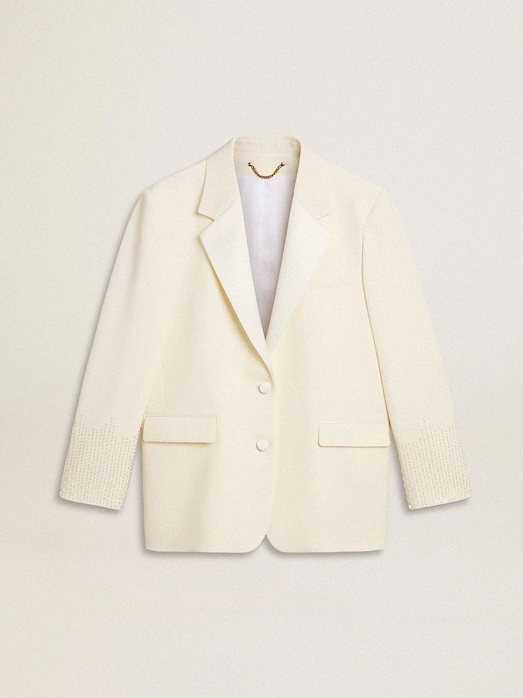 Single-breasted oversize jacket white with silk effect and embroidery