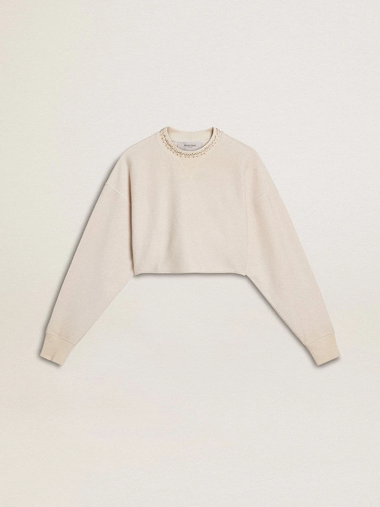 Women's cream cotton cropped sweatshirt with crystals on the front