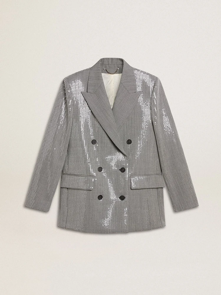 Double-breasted wool boyfriend jacket micro houndstooth and sequins