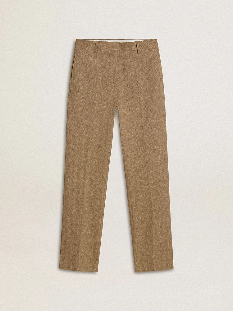 Women's trousers a sand-colored herringbone linen blend