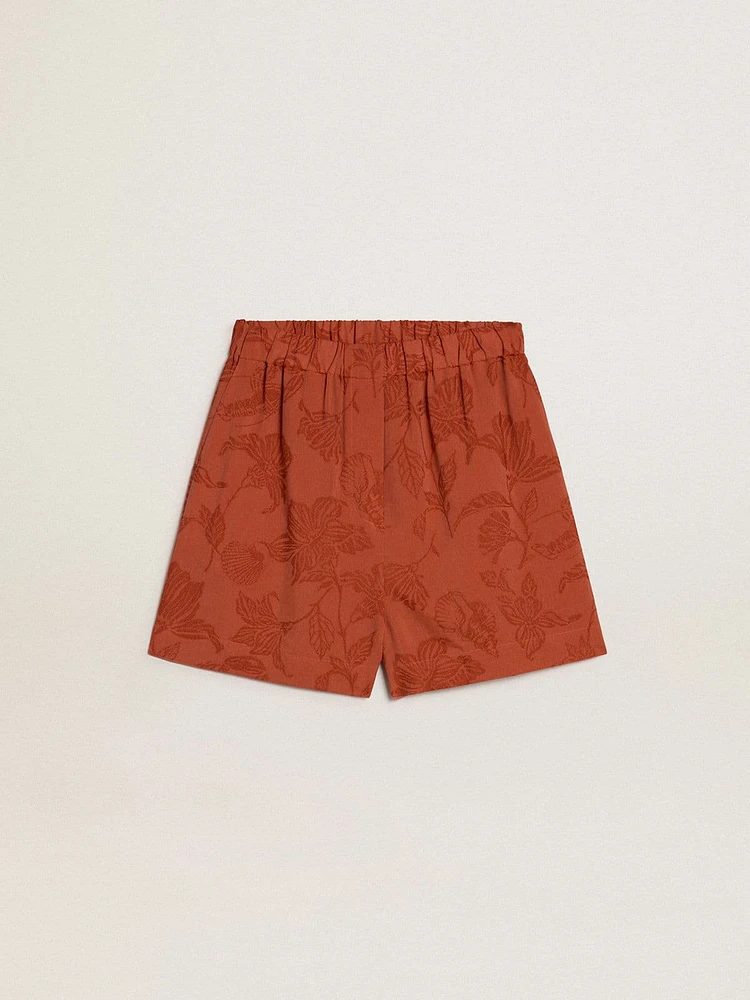 Women's shorts brick-red jacquard with marine floral pattern