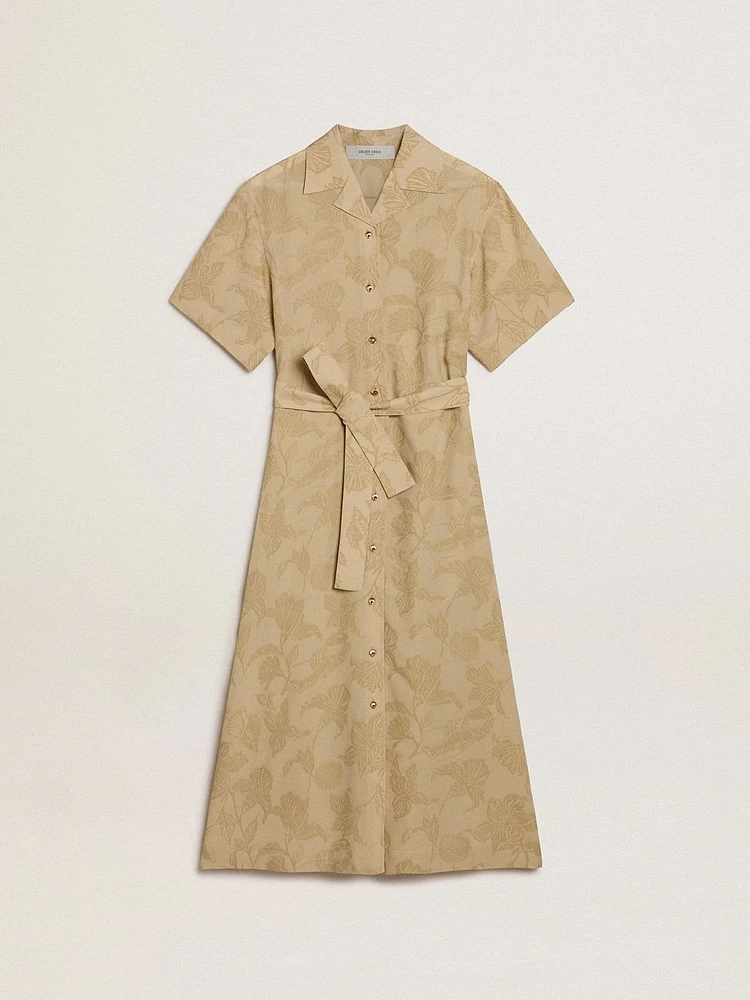 Women's short-sleeved shirt dress beige floral jacquard
