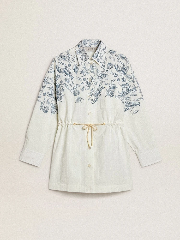 Women's short shirt dress white striped cotton with a blue marine print