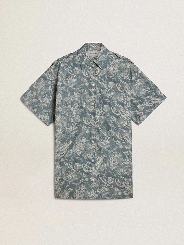 Women's short shirt dress light blue cotton poplin with all-over marine print