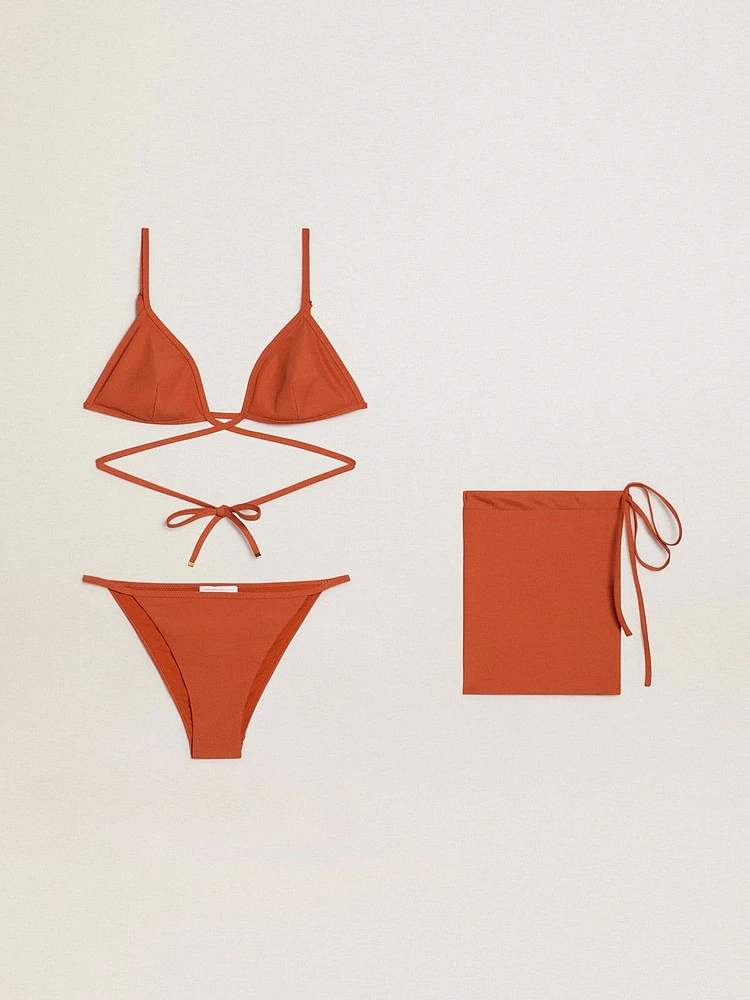 Women's bikini brick-red ribbed jersey with lacing and gold details