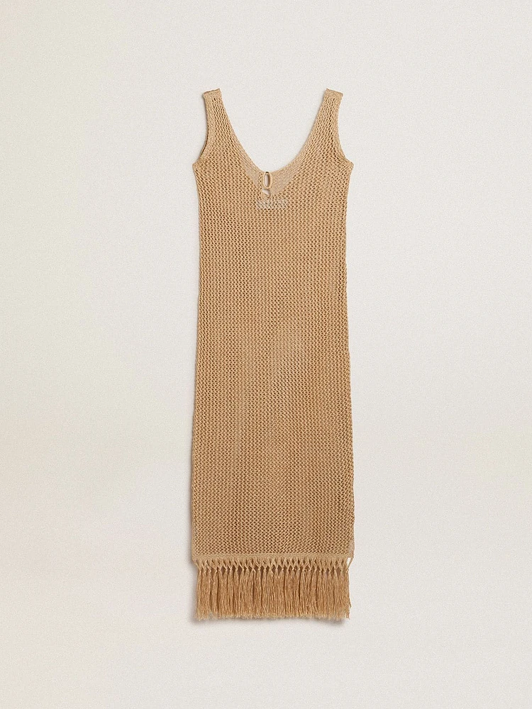 Women's sleeveless midi dress in beige crochet with fringes