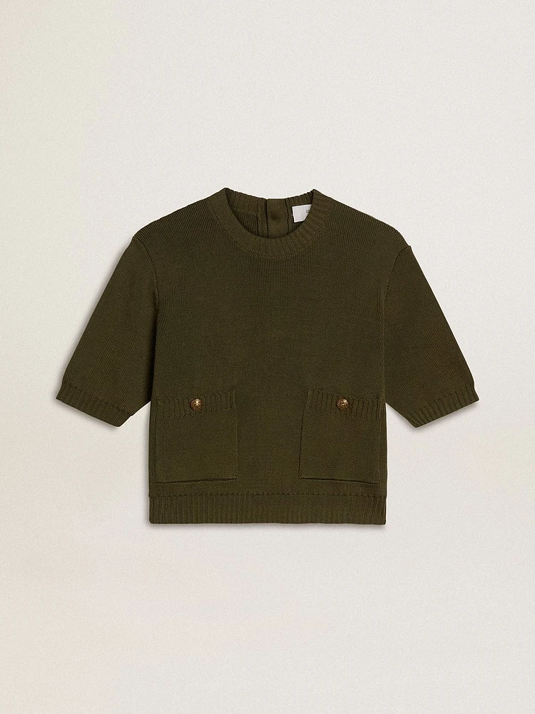 Women's short-sleeved sweater military-green cotton