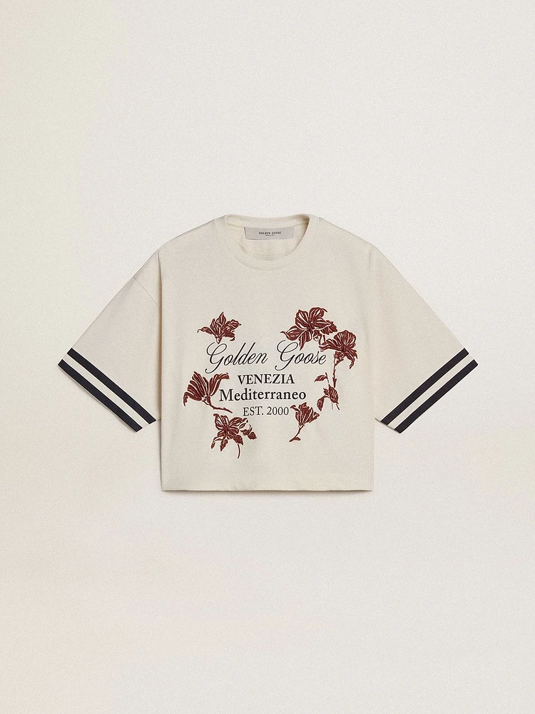 Women's oversized short T-shirt white jersey with embroidery and "Venezia Mediterraneo" print