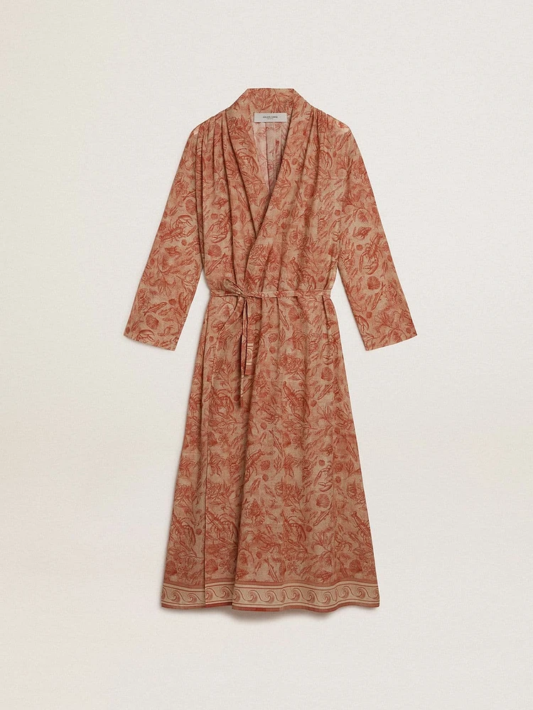 Women's kaftan cotton voile with all-over brick-red marine print