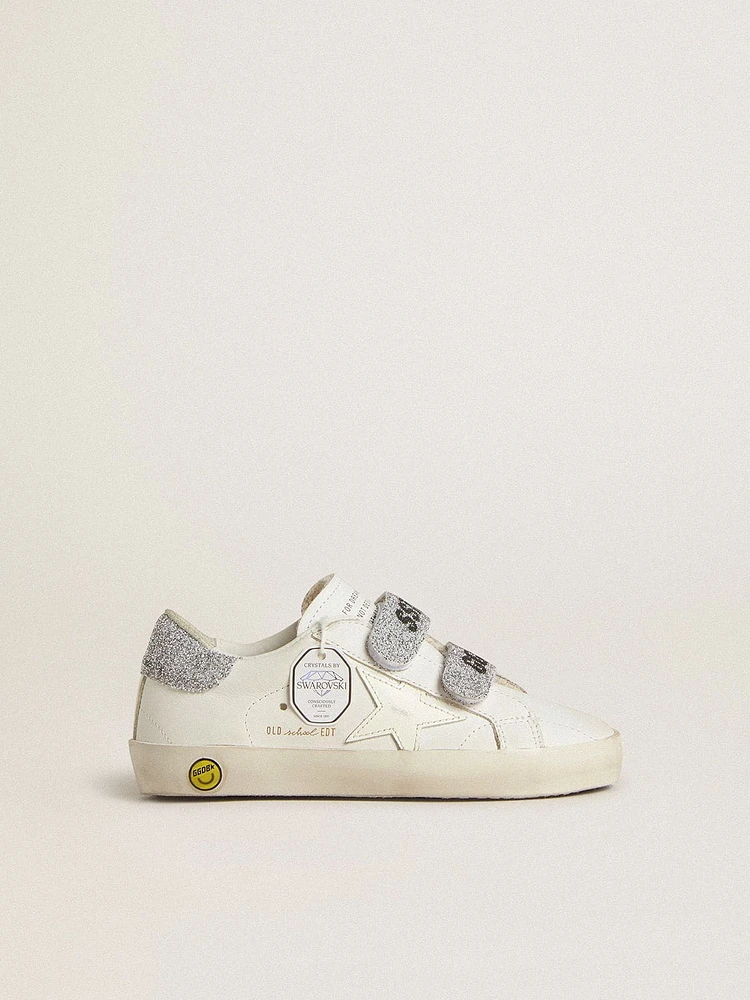 Young Old School white leather with silver Swarovski crystal heel tab and straps