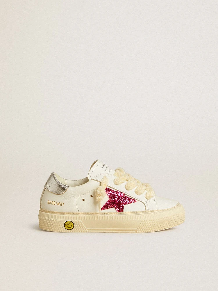 Young May with fuchsia glitter star and metallic leather heel tab